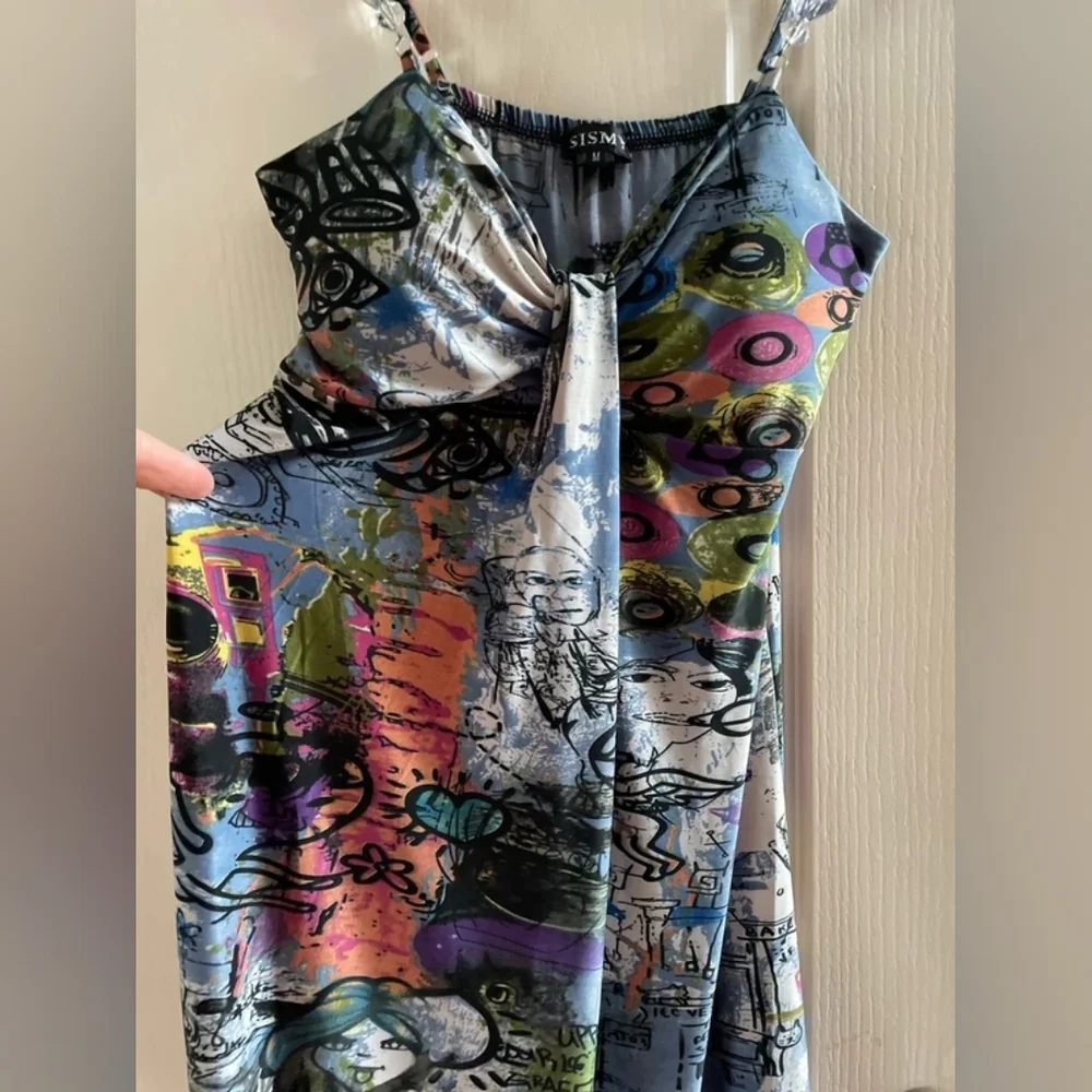 Multi-Color Patterned Mini Dress with Chain Straps - Picture 4 of 5